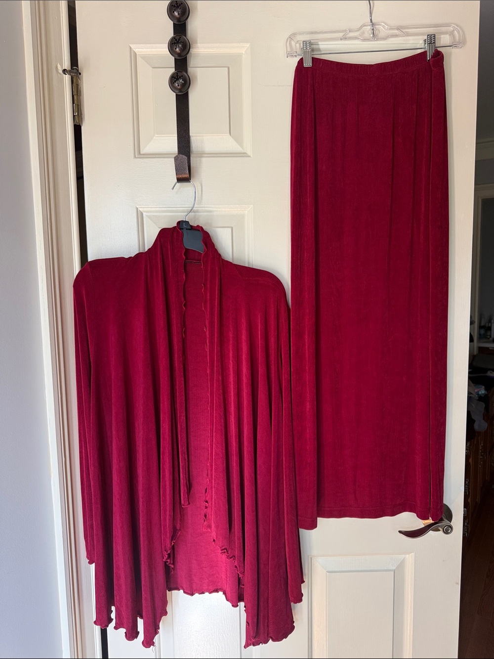 Slinky Brand Women’s Wine Red Open Face Cardigan/Maxi Skirt - Size M
